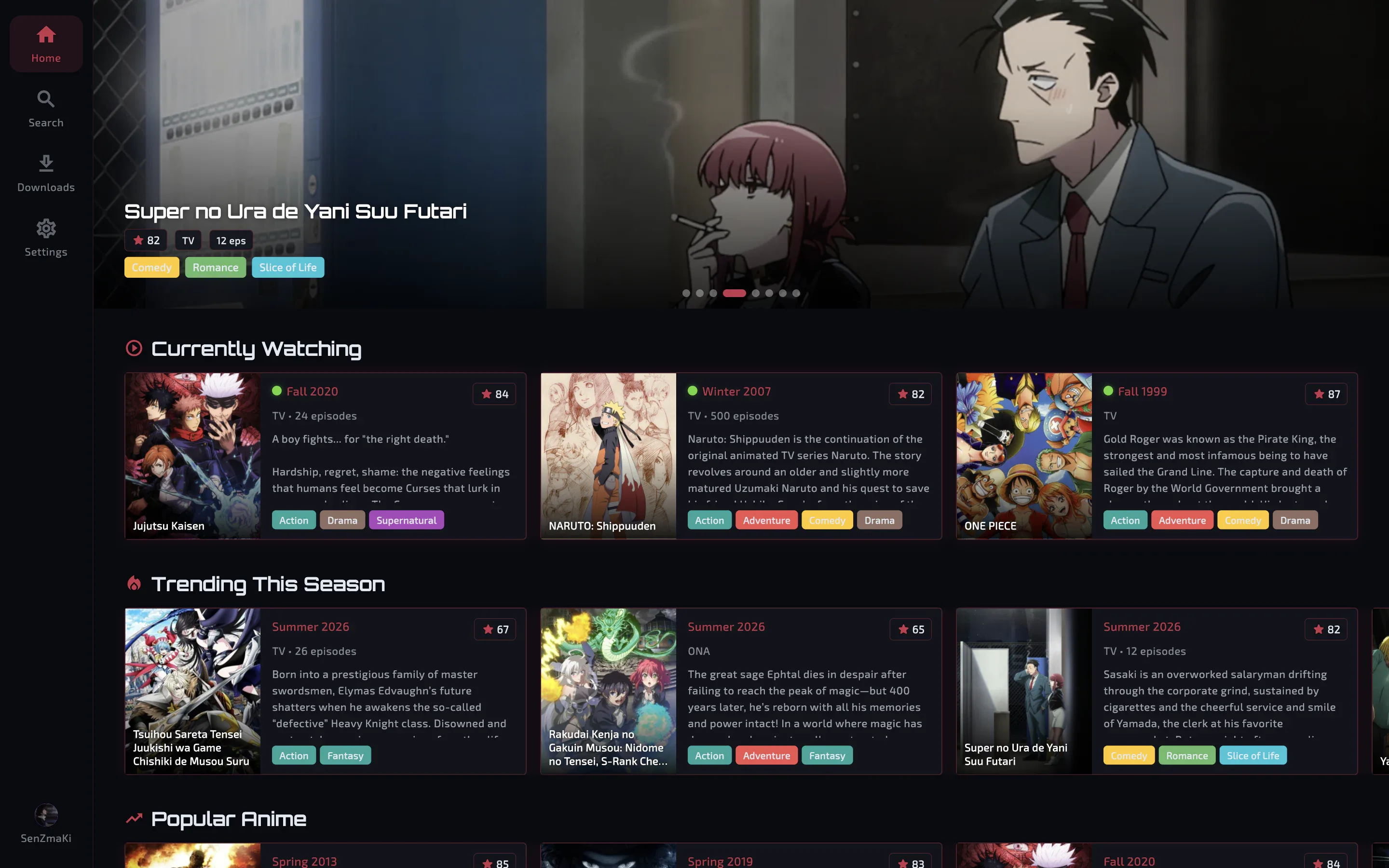 Senpwai home screen showing anime recommendations and watchlist activity